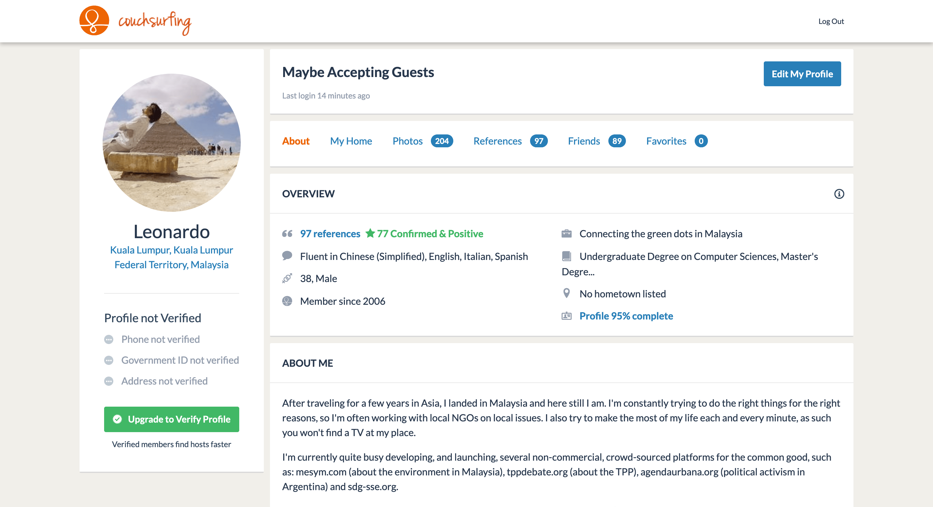 My profile on Couchsurfing