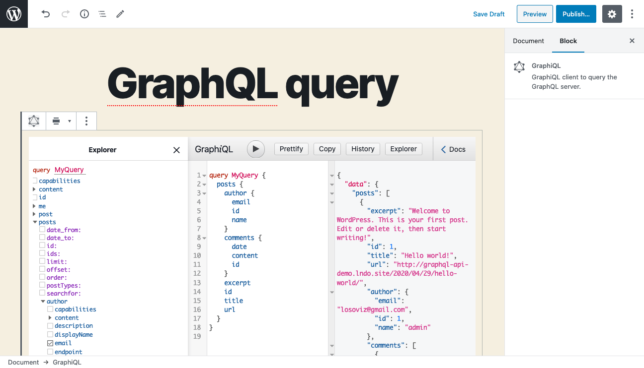 Creating a persisted GraphQL query with a custom GraphiQL block