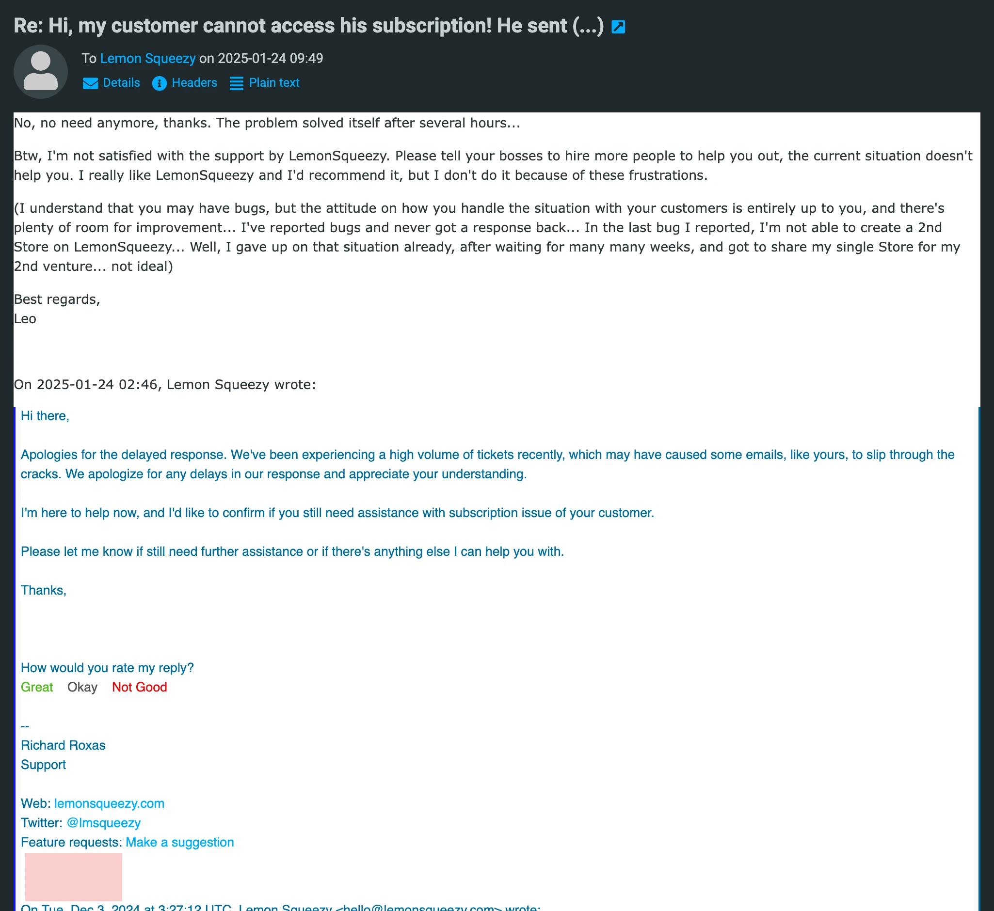 Support email: LemonSqueezy second store creation failing