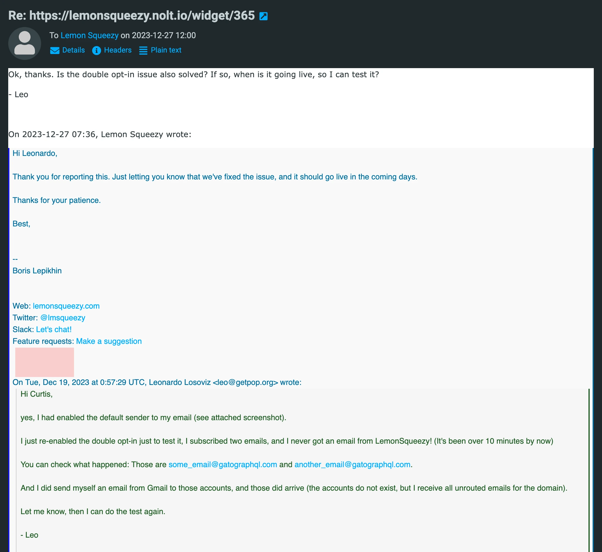Support email: LemonSqueezy double opt‑in emails not arriving