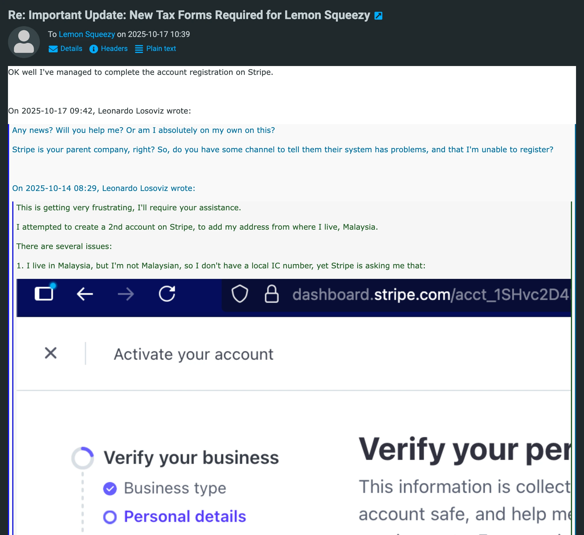 Support email: LemonSqueezy support not helping with Stripe account issues