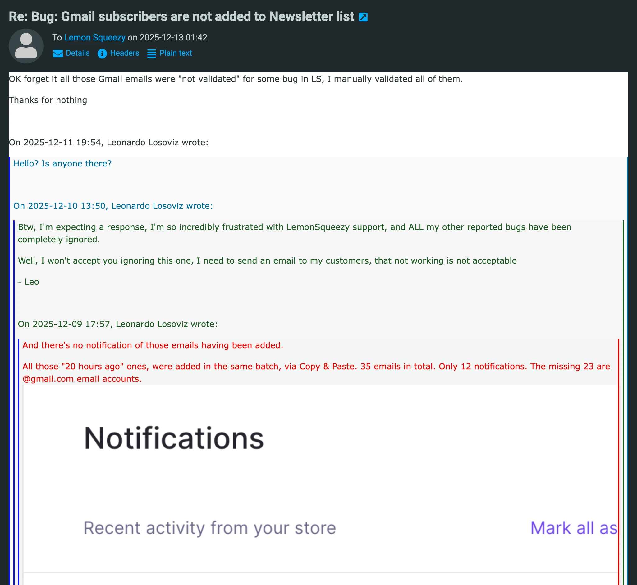 Support email: LemonSqueezy invalidating Gmail subscribers