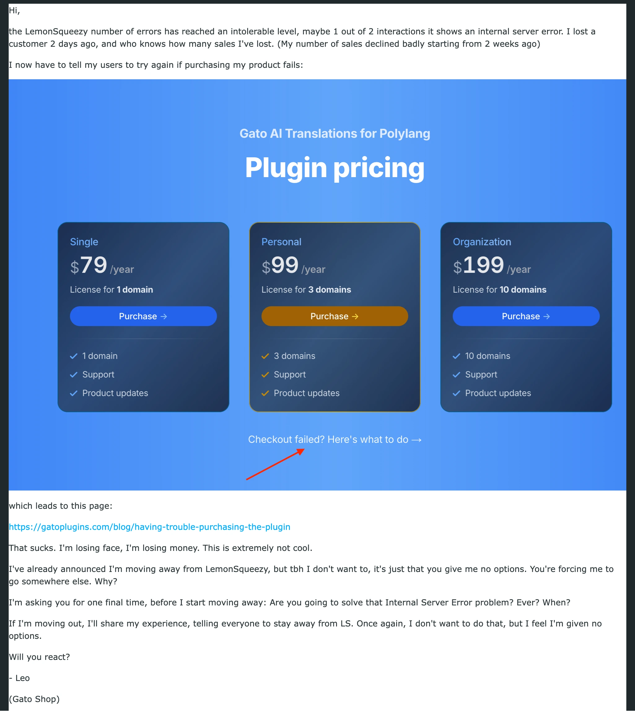 My final email to LemonSqueezy
