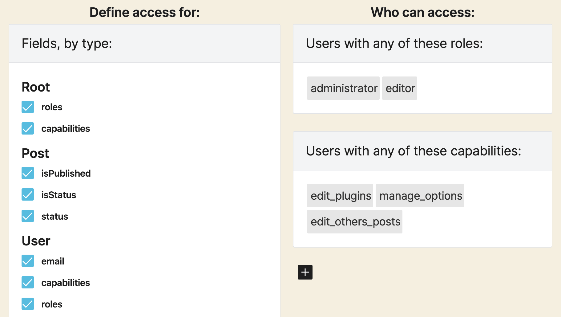 Preview of an Access Control List in the WordPress plugin (WIP)